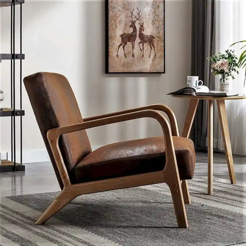 Mid-Century Modern Arm Chair, Espresso Solid Wood with Leather-Look Cushions