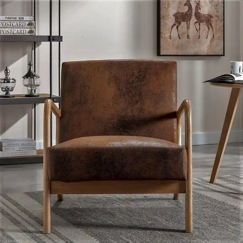 Mid-Century Modern Arm Chair, Espresso Solid Wood with Leather-Look Cushions