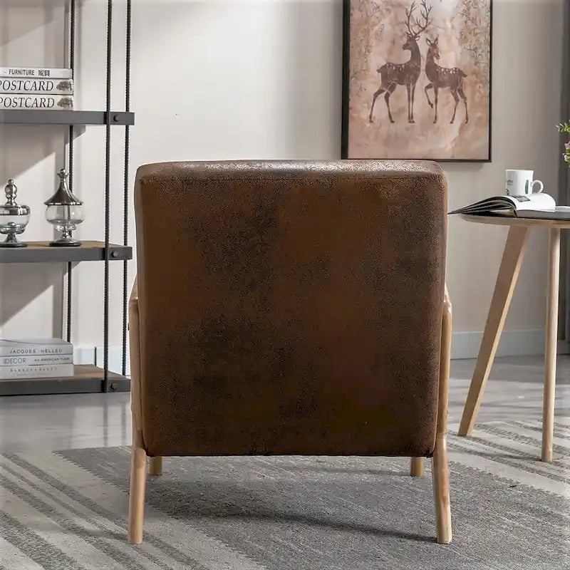 Mid-Century Modern Arm Chair, Espresso Solid Wood with Leather-Look Cushions