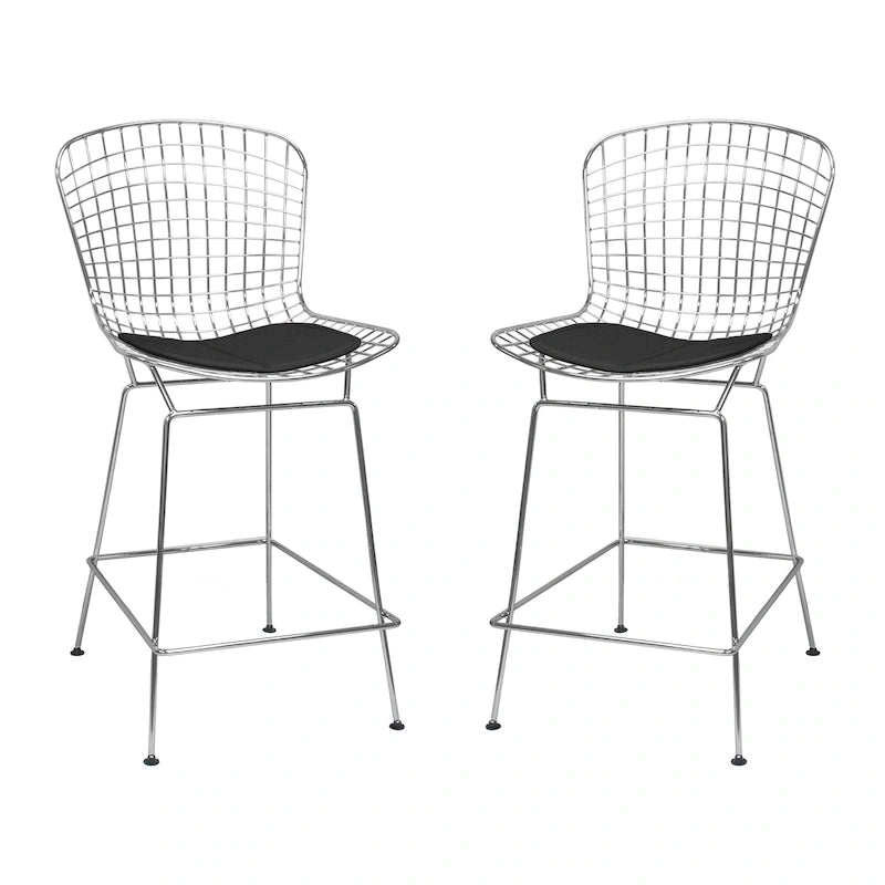 Mid-Century Chrome Wire Counter Stool with Faux Leather Seat, Set of 2