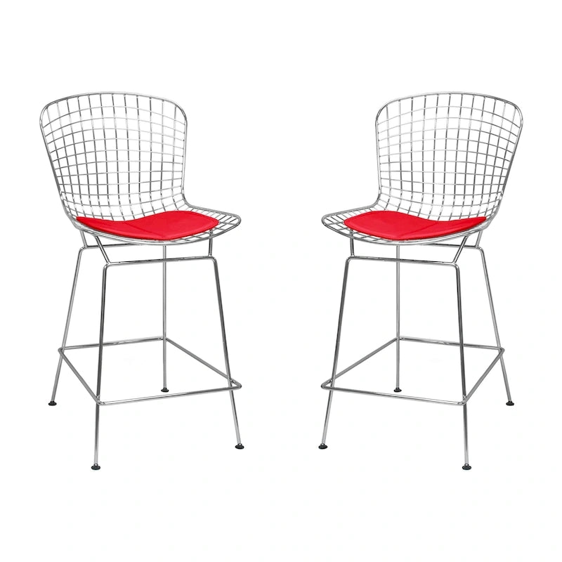 Mid-Century Chrome Wire Counter Stool with Faux Leather Seat, Set of 2