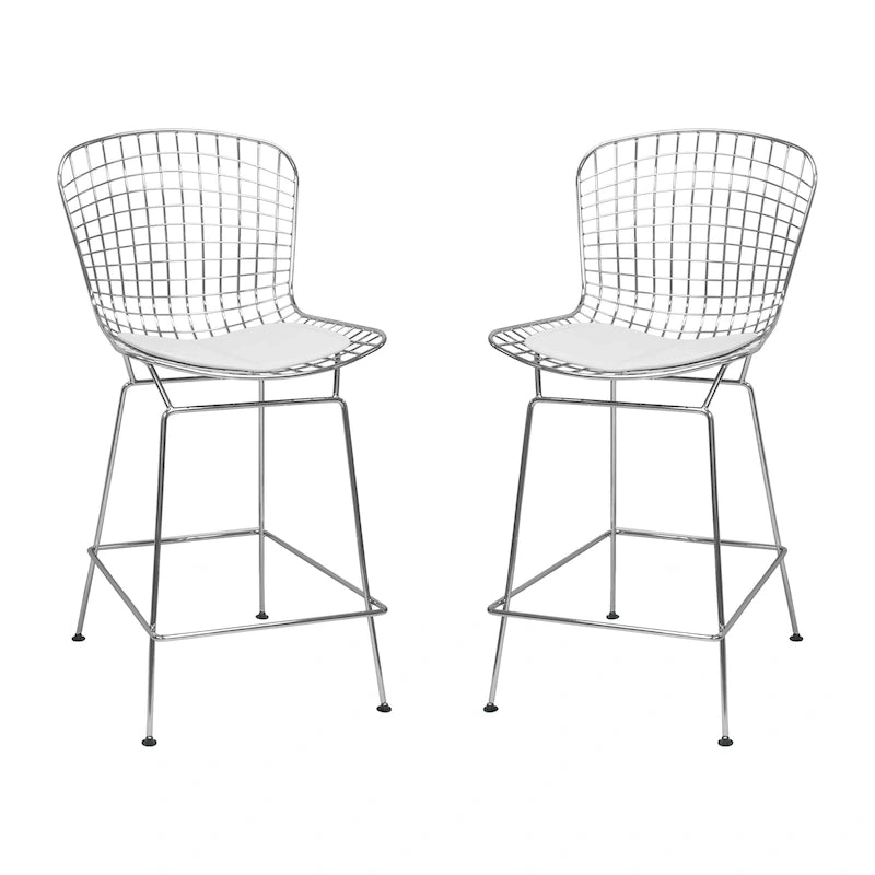 Mid-Century Chrome Wire Counter Stool with Faux Leather Seat, Set of 2