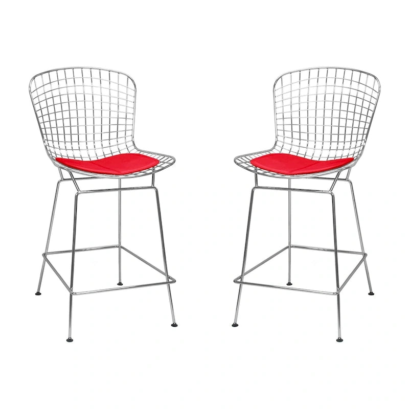 Mid-Century Chrome Wire Counter Stool with Faux Leather Seat, Set of 2