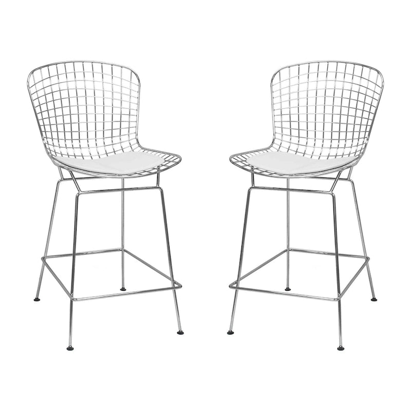 Mid-Century Chrome Wire Counter Stool with Faux Leather Seat, Set of 2