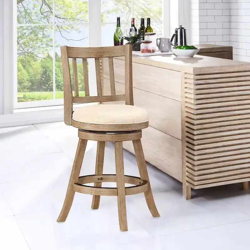 Swivel Counter Stool with Linen Seat, Wire-Brush Finish and Metal Kick Plate