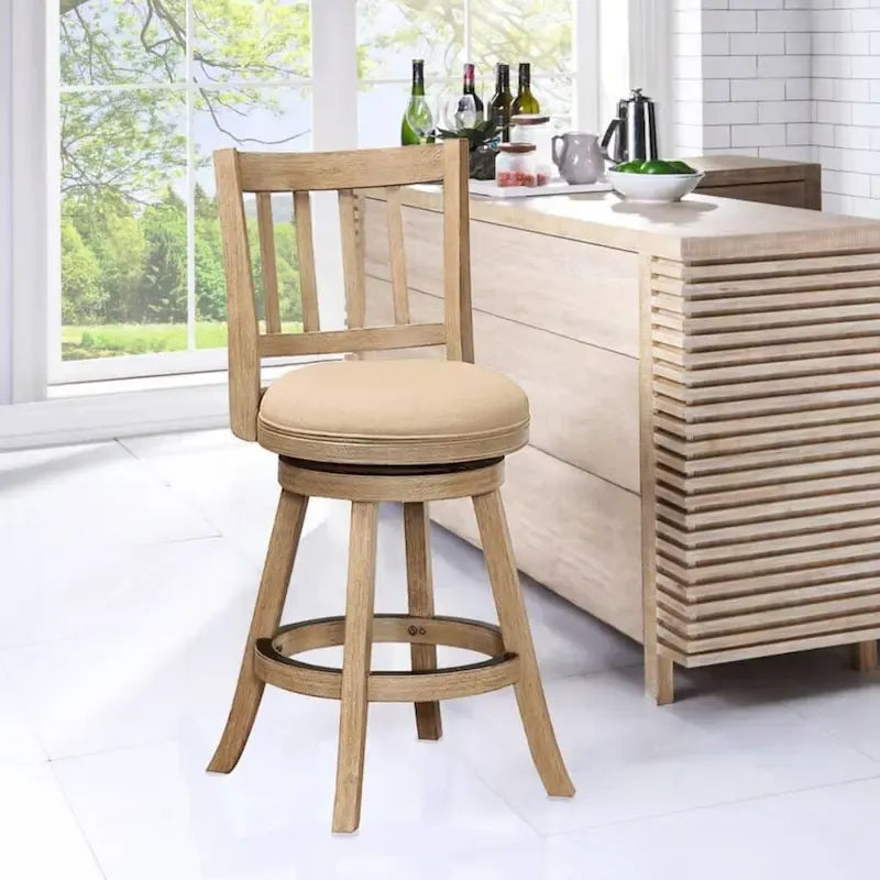 Swivel Counter Stool with Linen Seat, Wire-Brush Finish and Metal Kick Plate