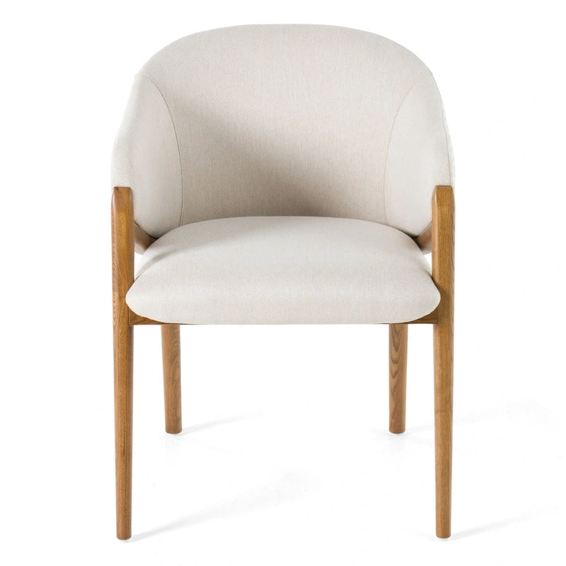 Cream Fabric and Vegan Leather Dining Arm Chair with Walnut Frame