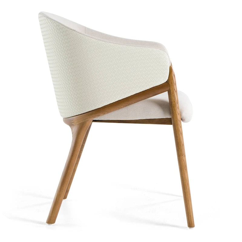 Cream Fabric and Vegan Leather Dining Arm Chair with Walnut Frame
