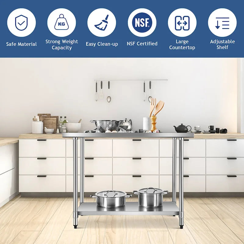 Stainless Steel Work Table with Adjustable Lower Shelf, 330 lb Top Capacity