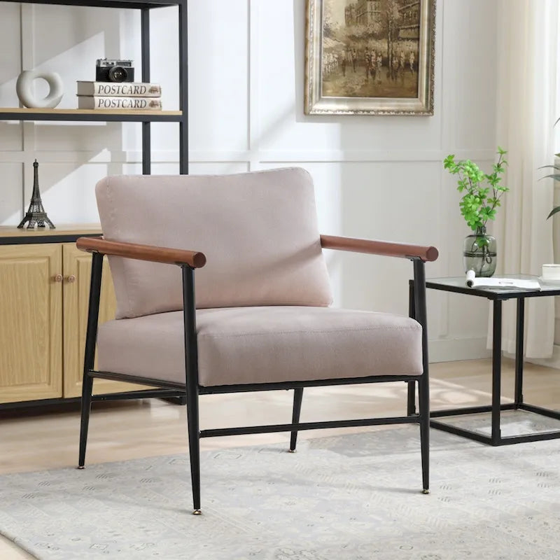Mid-Century Upholstered Single Arm Chair with Wood Armrests, Supports 300 lbs