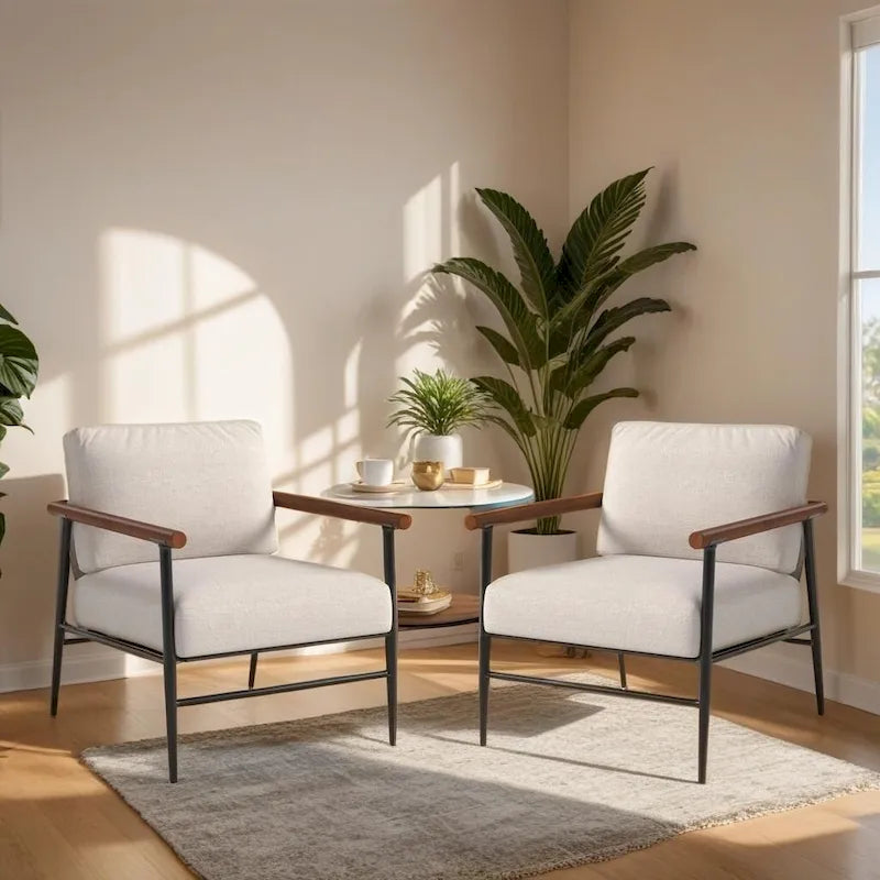 Mid-Century Upholstered Single Arm Chair with Wood Armrests, Supports 300 lbs