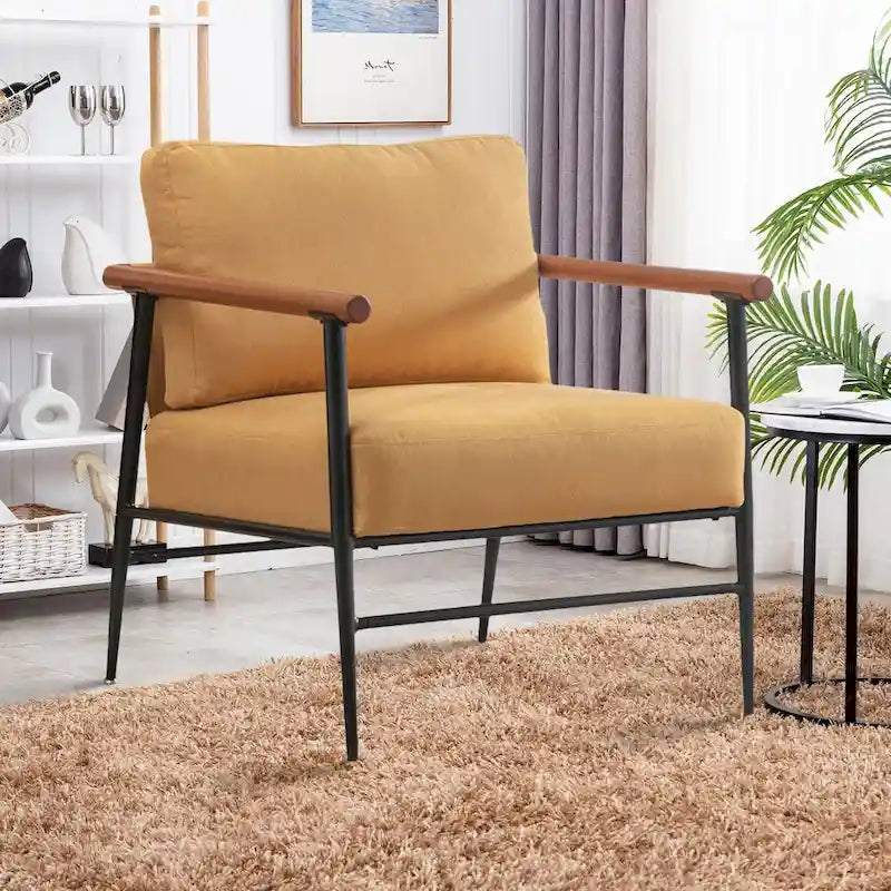 Mid-Century Upholstered Single Arm Chair with Wood Armrests, Supports 300 lbs