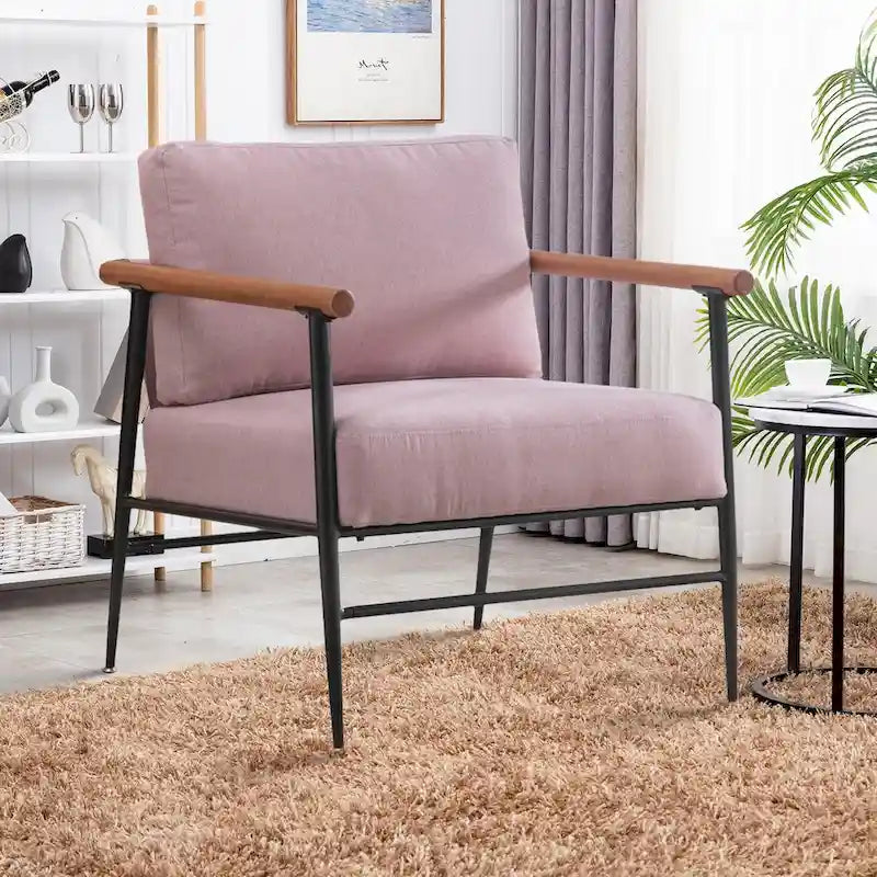 Mid-Century Upholstered Single Arm Chair with Wood Armrests, Supports 300 lbs