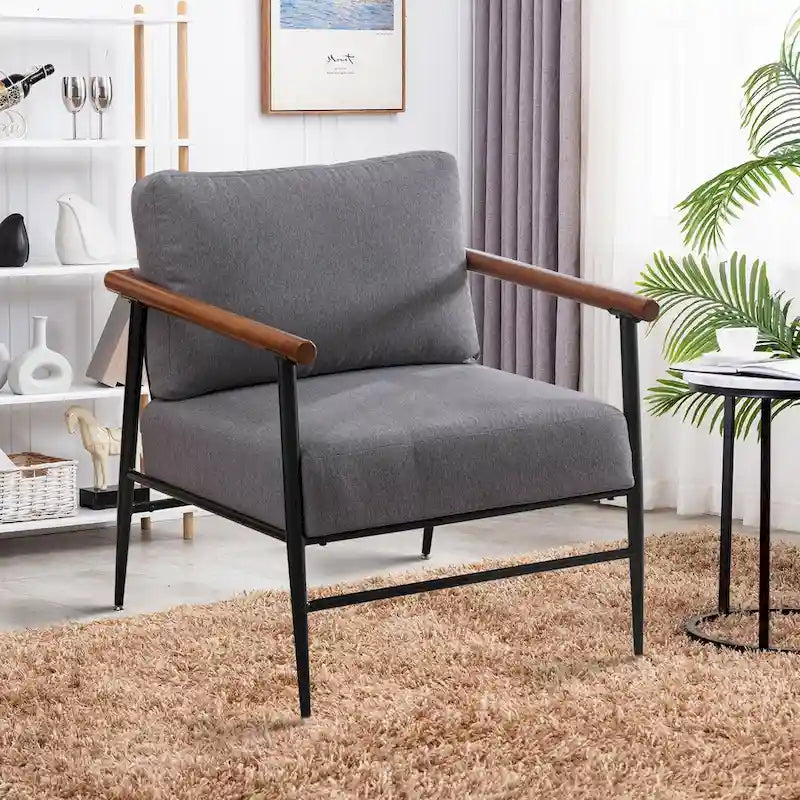 Mid-Century Upholstered Single Arm Chair with Wood Armrests, Supports 300 lbs