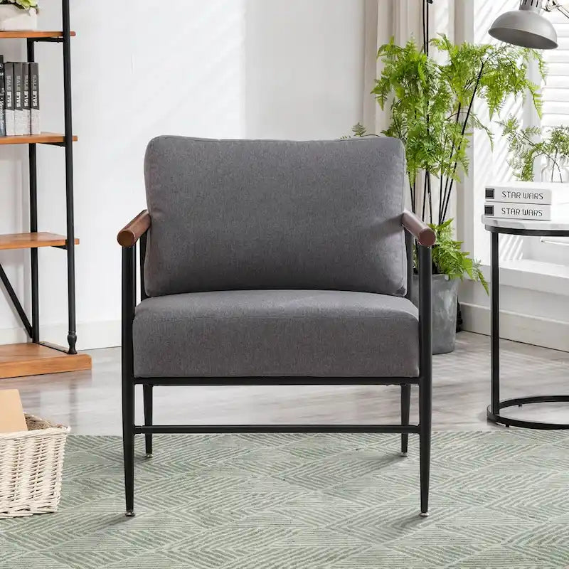 Mid-Century Upholstered Single Arm Chair with Wood Armrests, Supports 300 lbs