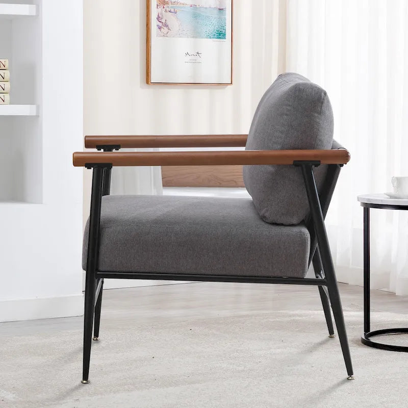 Mid-Century Upholstered Single Arm Chair with Wood Armrests, Supports 300 lbs