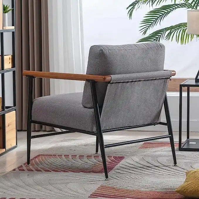 Mid-Century Upholstered Single Arm Chair with Wood Armrests, Supports 300 lbs