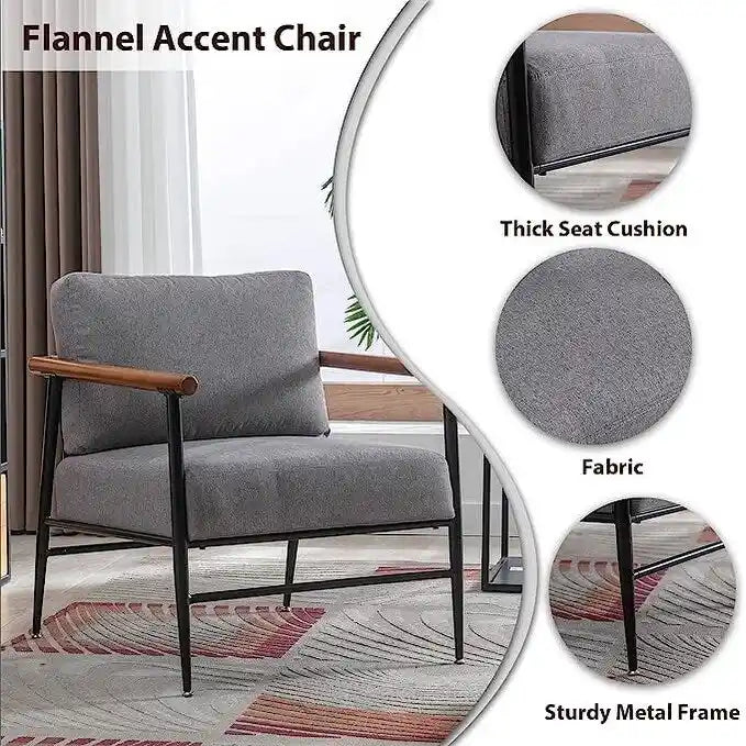 Mid-Century Upholstered Single Arm Chair with Wood Armrests, Supports 300 lbs