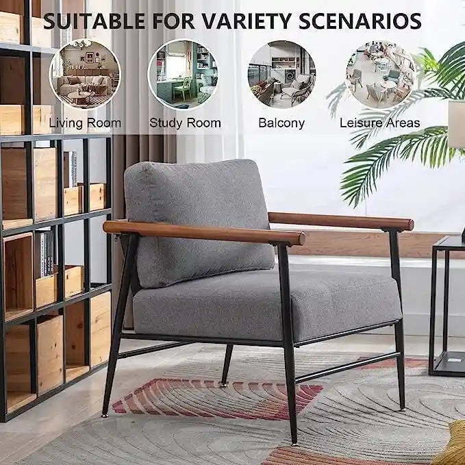 Mid-Century Upholstered Single Arm Chair with Wood Armrests, Supports 300 lbs