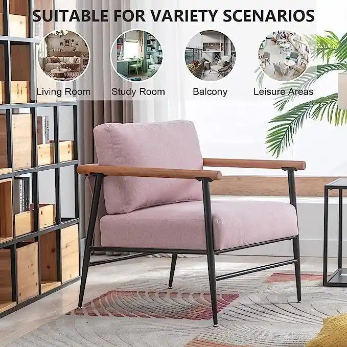 Mid-Century Upholstered Single Arm Chair with Wood Armrests, Supports 300 lbs