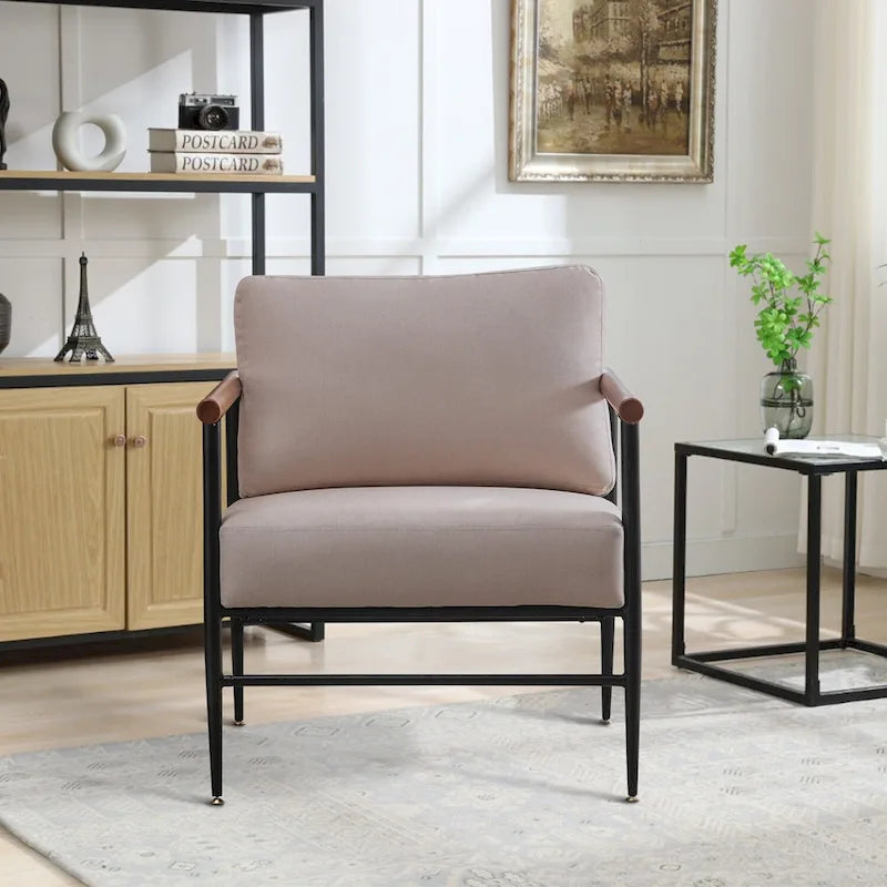 Mid-Century Upholstered Single Arm Chair with Wood Armrests, Supports 300 lbs