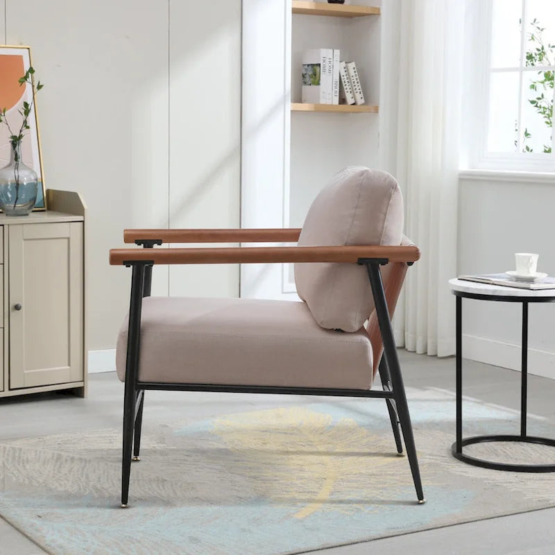 Mid-Century Upholstered Single Arm Chair with Wood Armrests, Supports 300 lbs