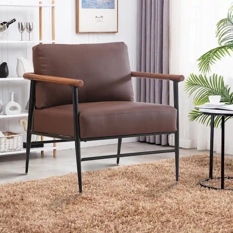 Mid-Century Upholstered Single Arm Chair with Wood Armrests, Supports 300 lbs