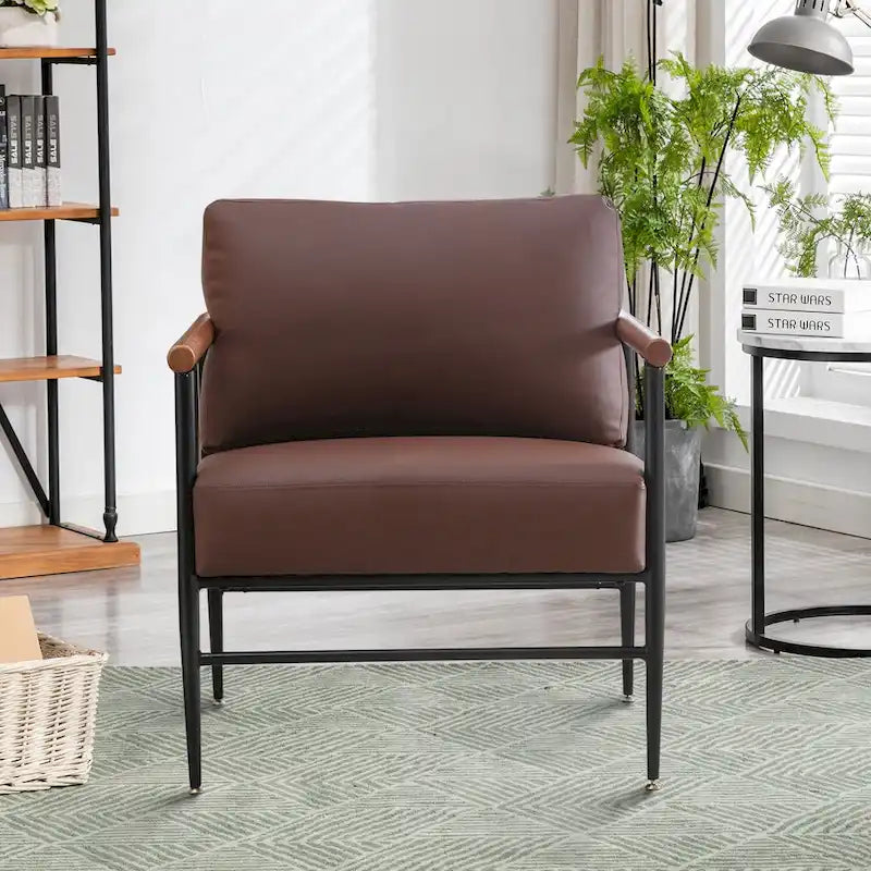 Mid-Century Upholstered Single Arm Chair with Wood Armrests, Supports 300 lbs