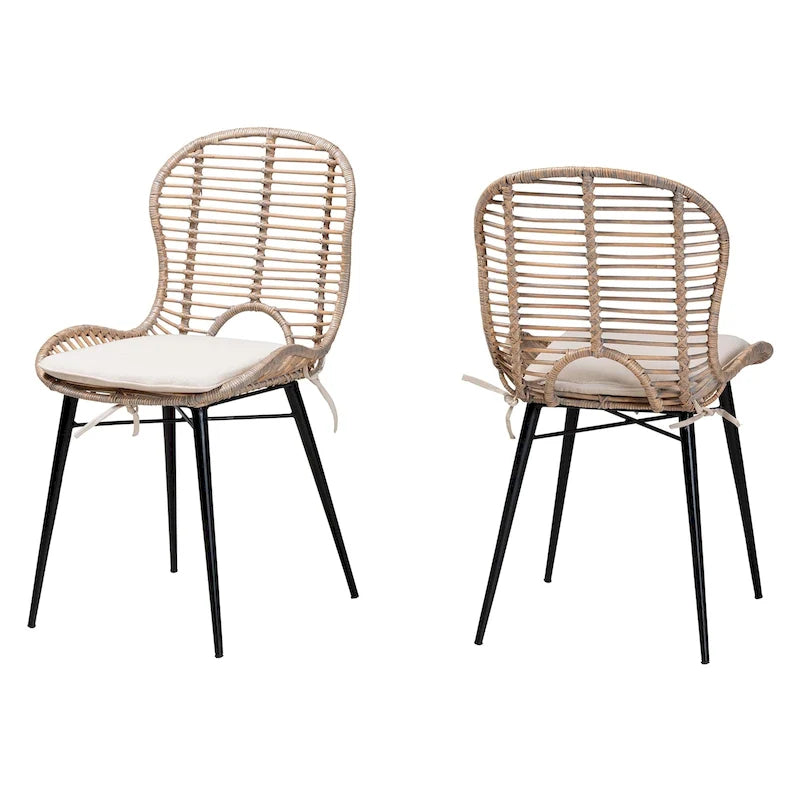 Bohemian Rattan and Metal Dining Chair Set of 2, Handcrafted with Removable Cushion