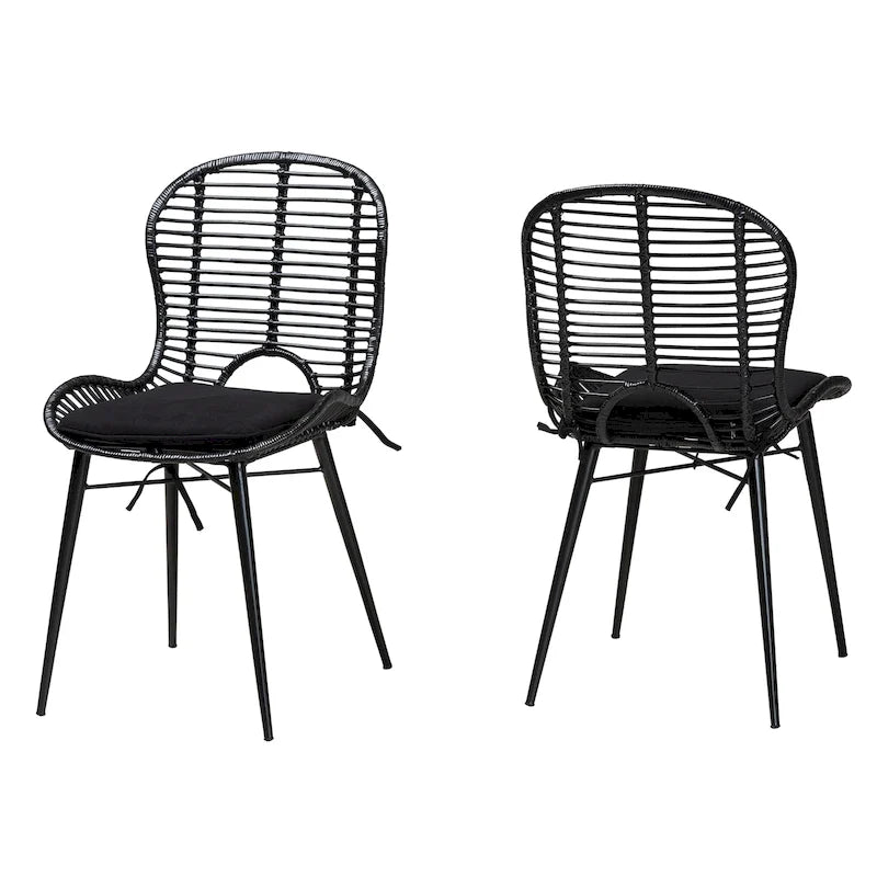 Bohemian Rattan and Metal Dining Chair Set of 2, Handcrafted with Removable Cushion