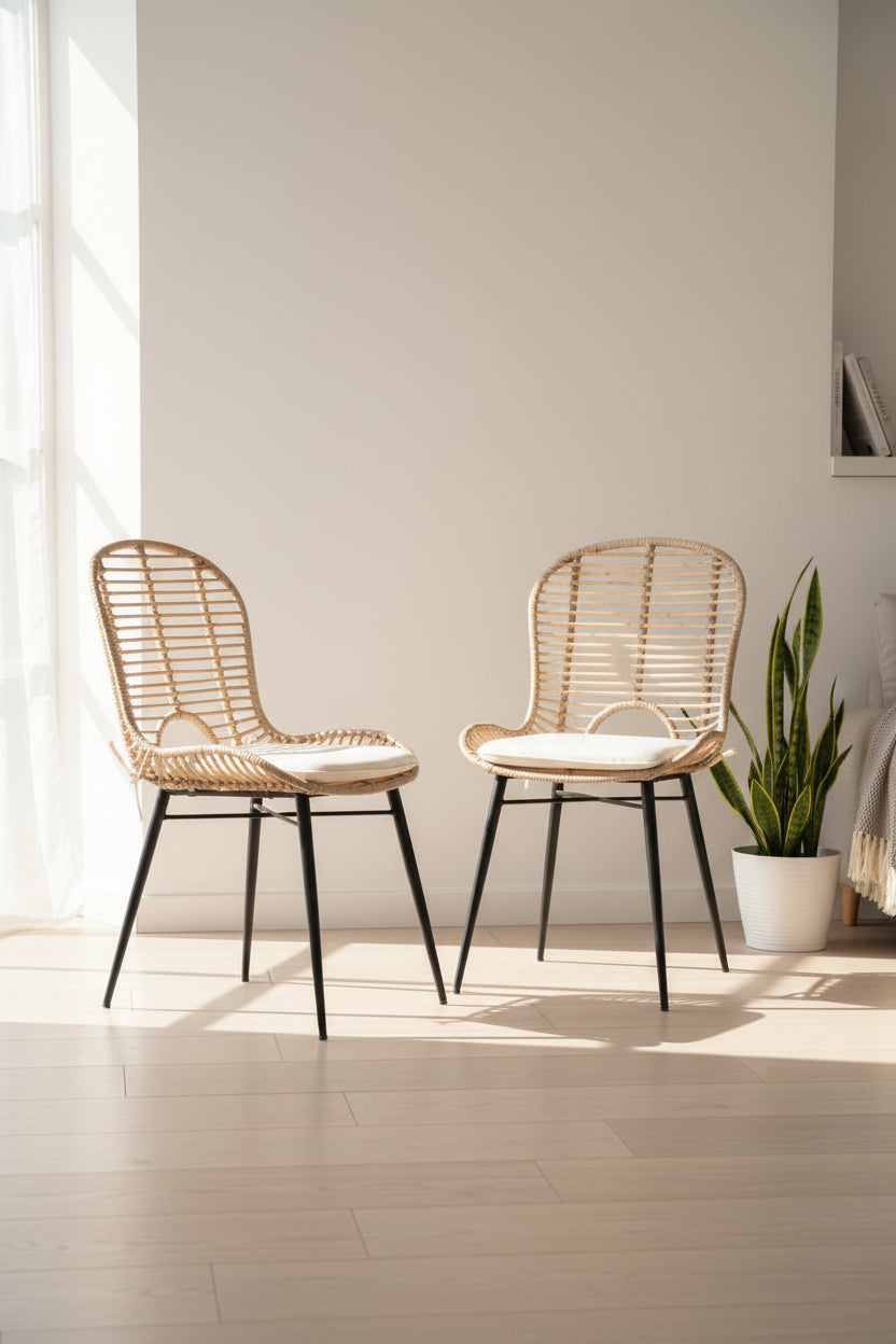 Bohemian Rattan and Metal Dining Chair Set of 2, Handcrafted with Removable Cushion