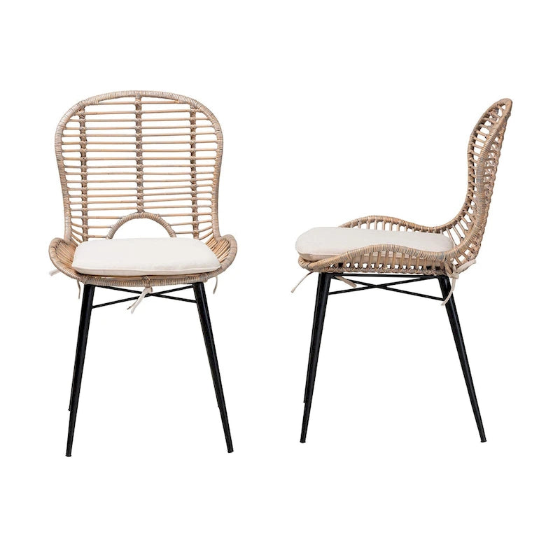 Bohemian Rattan and Metal Dining Chair Set of 2, Handcrafted with Removable Cushion
