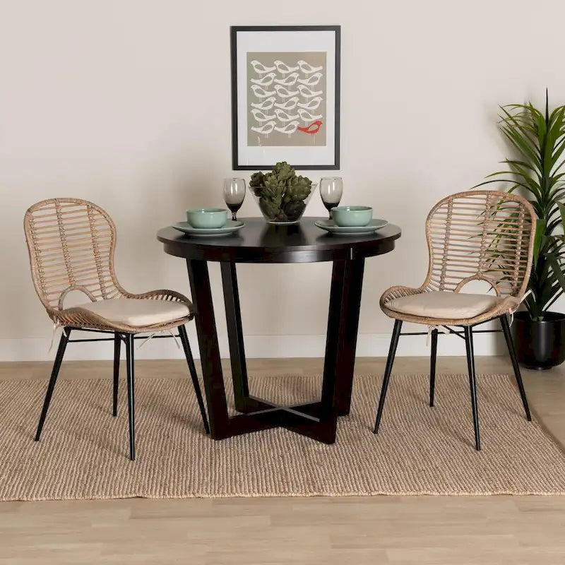 Bohemian Rattan and Metal Dining Chair Set of 2, Handcrafted with Removable Cushion
