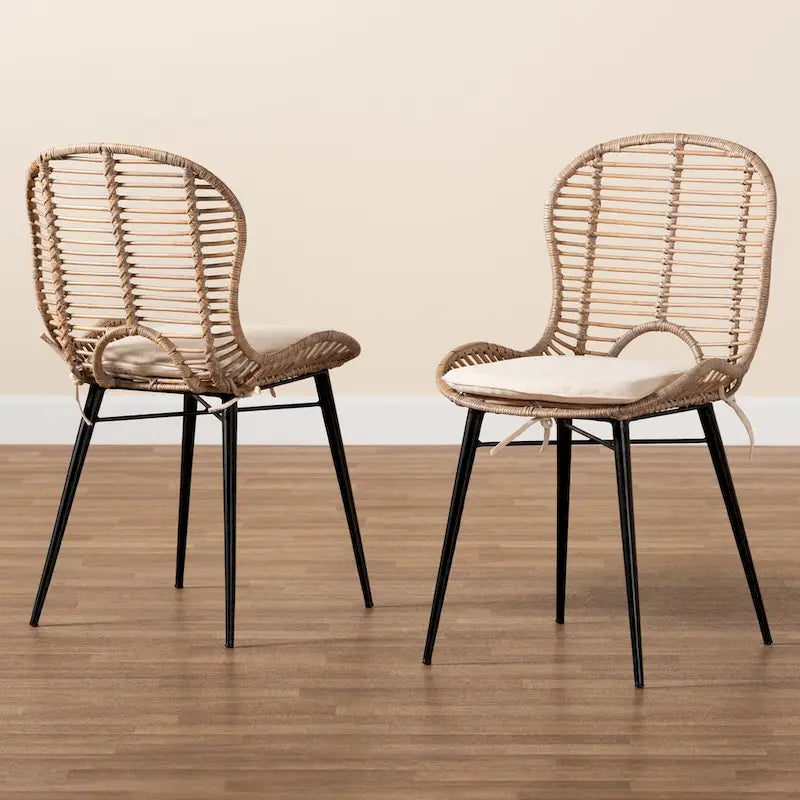 Bohemian Rattan and Metal Dining Chair Set of 2, Handcrafted with Removable Cushion