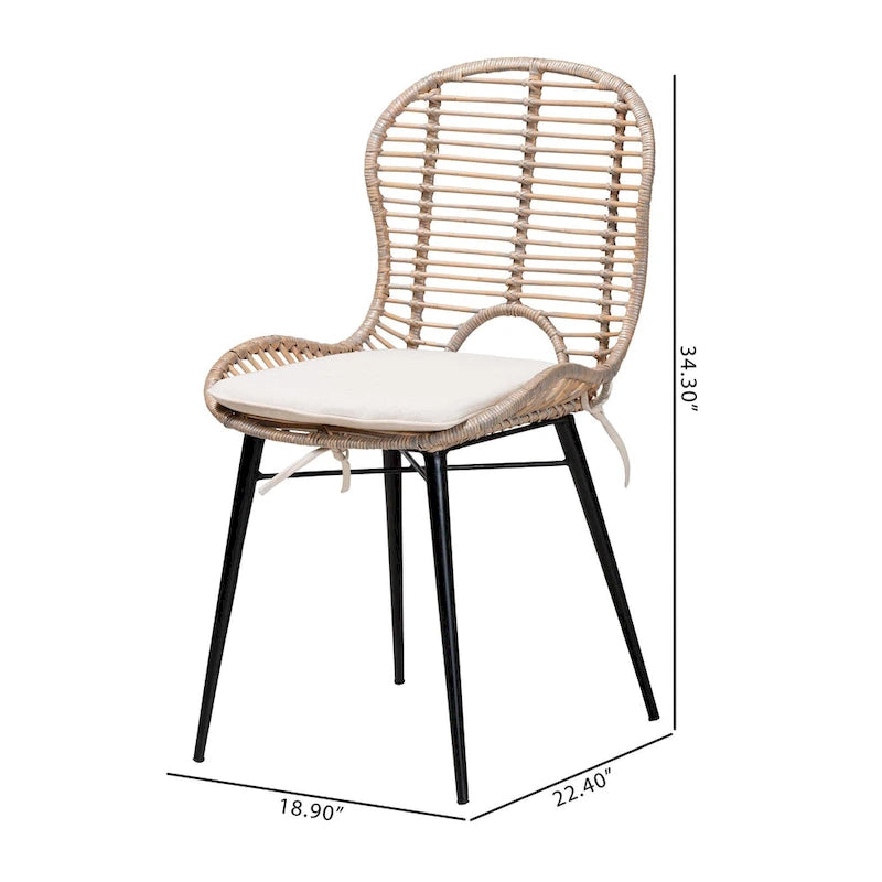 Bohemian Rattan and Metal Dining Chair Set of 2, Handcrafted with Removable Cushion