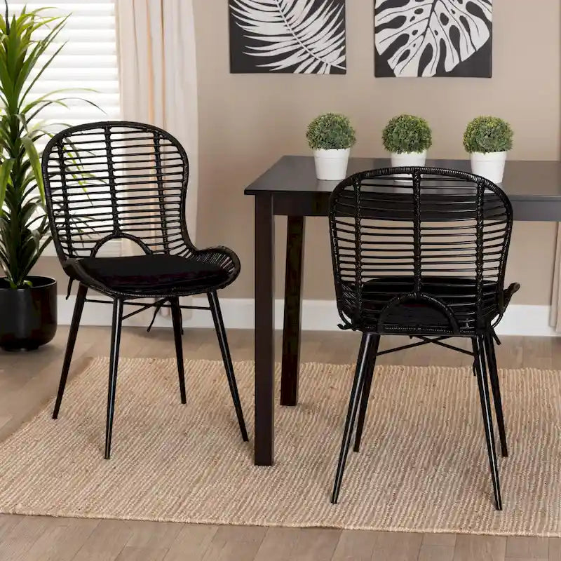 Bohemian Rattan and Metal Dining Chair Set of 2, Handcrafted with Removable Cushion