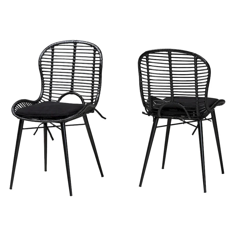 Bohemian Rattan and Metal Dining Chair Set of 2, Handcrafted with Removable Cushion