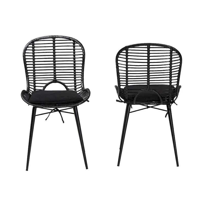 Bohemian Rattan and Metal Dining Chair Set of 2, Handcrafted with Removable Cushion
