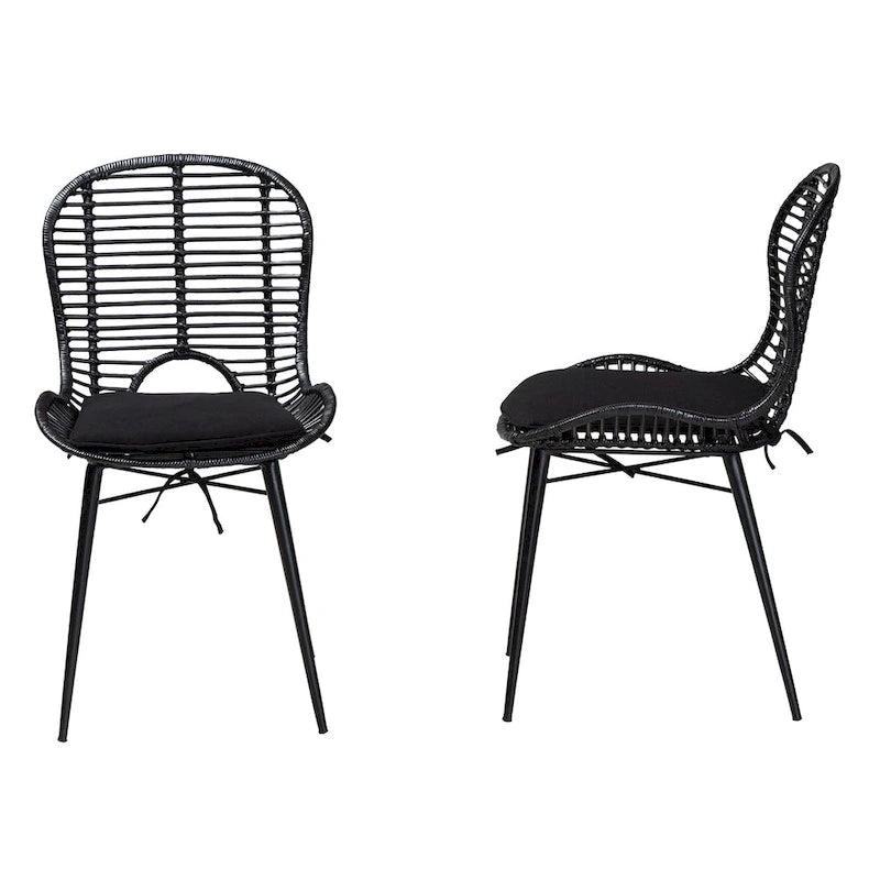 Bohemian Rattan and Metal Dining Chair Set of 2, Handcrafted with Removable Cushion
