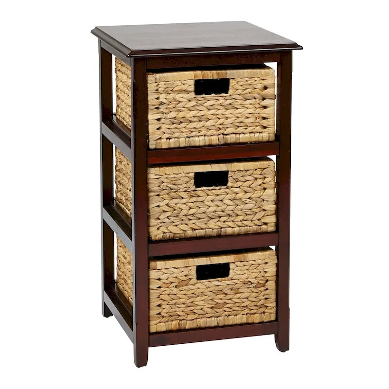 Solid Wood Storage Tower with 3 Woven Grass Baskets, Espresso Finish
