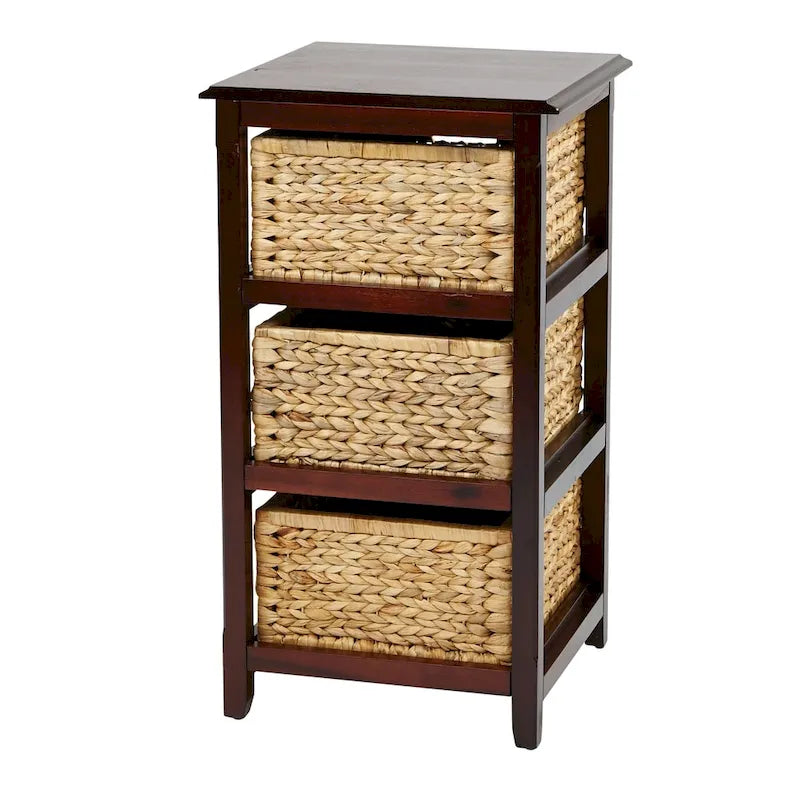 Solid Wood Storage Tower with 3 Woven Grass Baskets, Espresso Finish