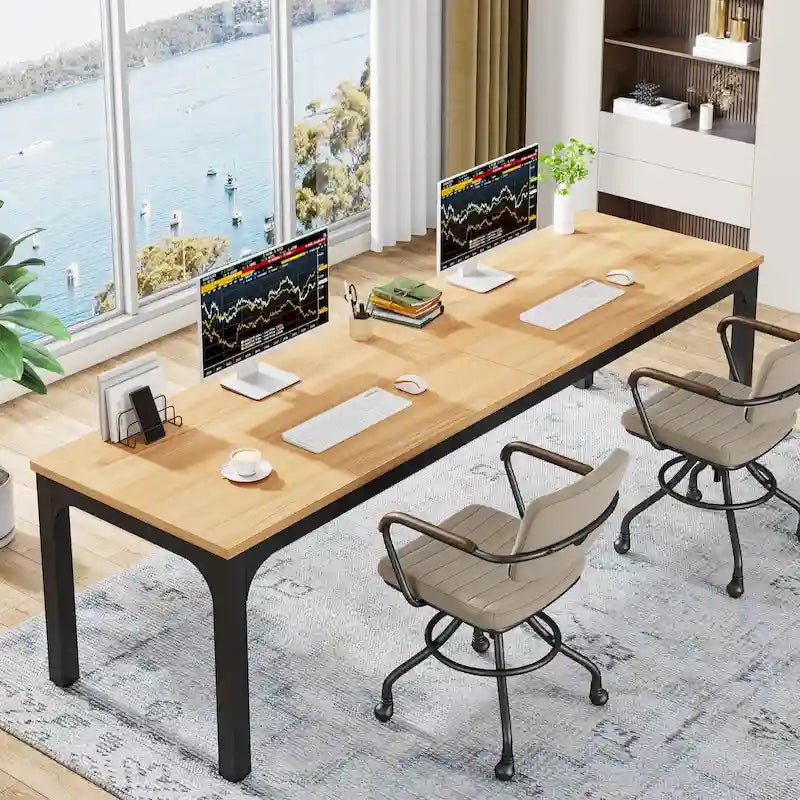 78.7-Inch Extra Long Two-Person Computer Desk with Rustic Wood Top