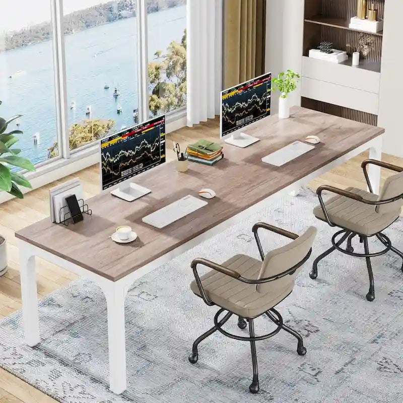 78.7-Inch Extra Long Two-Person Computer Desk with Rustic Wood Top
