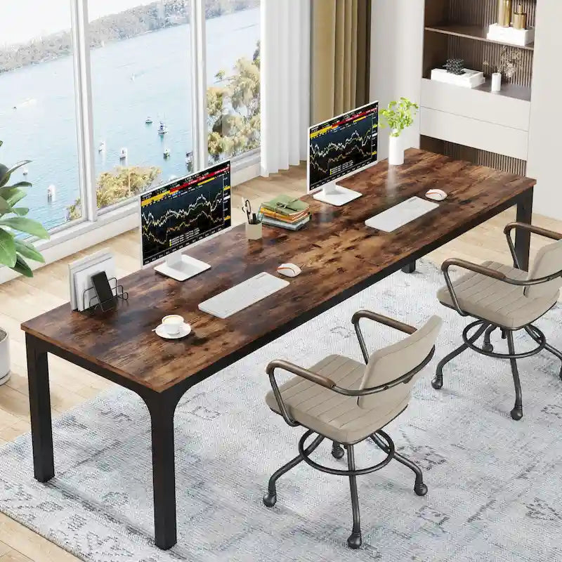 78.7-Inch Extra Long Two-Person Computer Desk with Rustic Wood Top