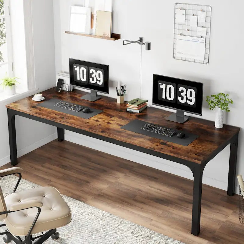 78.7-Inch Extra Long Two-Person Computer Desk with Rustic Wood Top