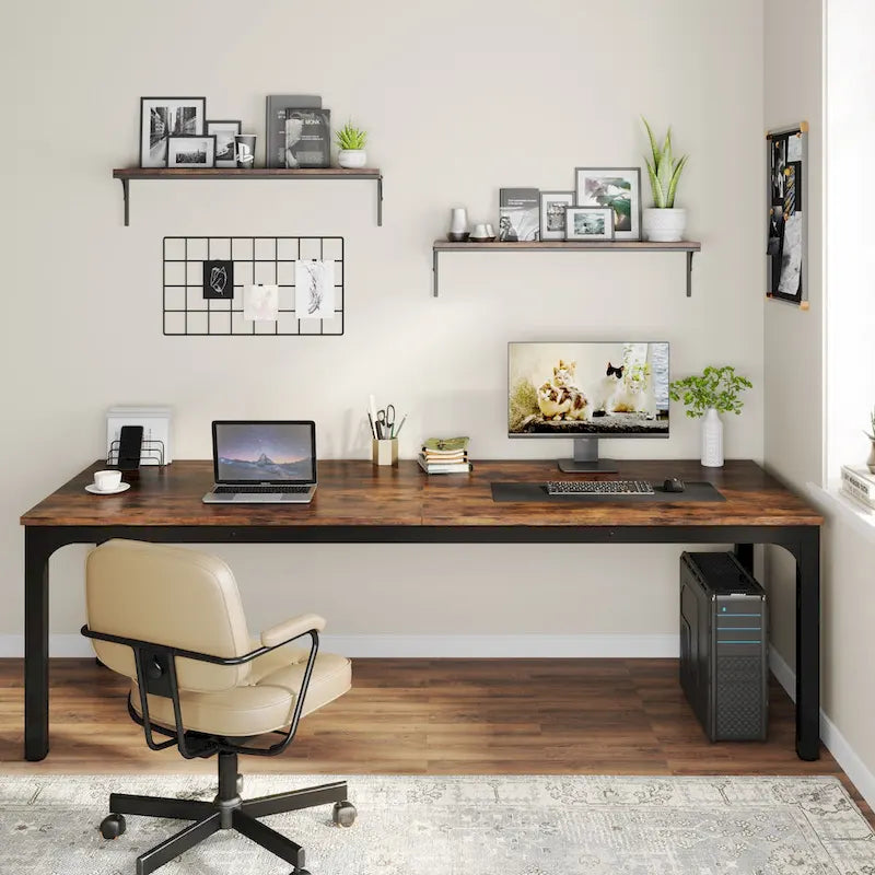 78.7-Inch Extra Long Two-Person Computer Desk with Rustic Wood Top