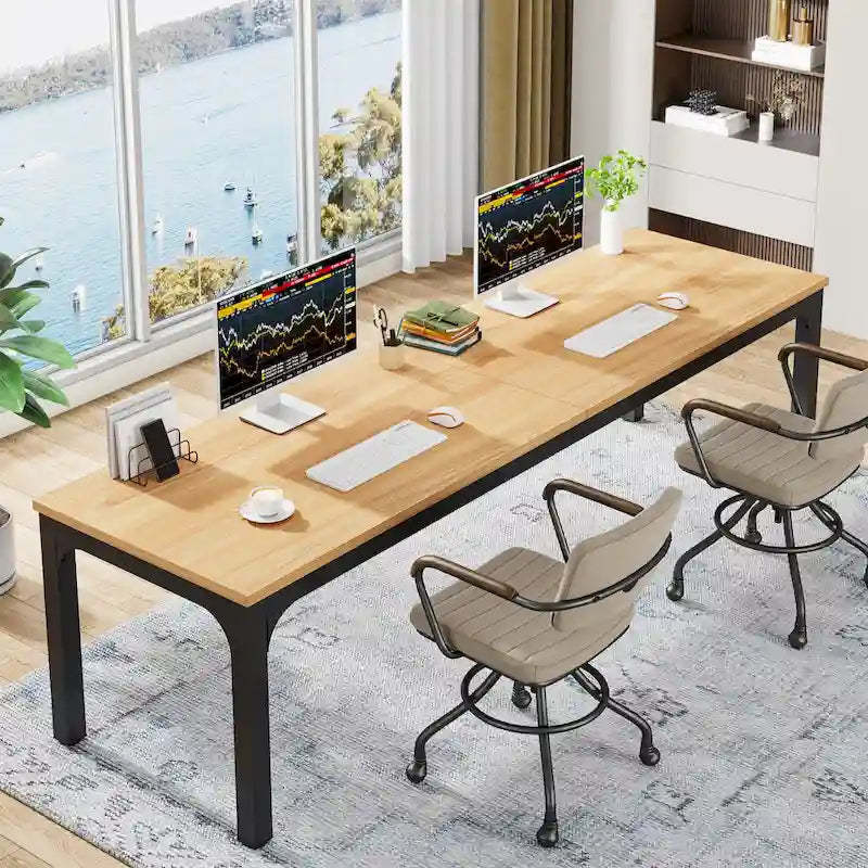 78.7-Inch Extra Long Two-Person Computer Desk with Rustic Wood Top