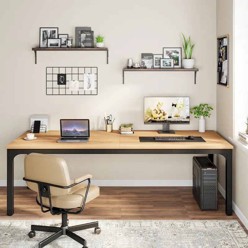 78.7-Inch Extra Long Two-Person Computer Desk with Rustic Wood Top