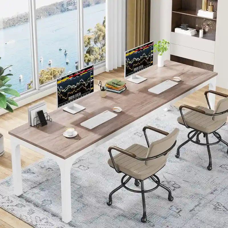 78.7-Inch Extra Long Two-Person Computer Desk with Rustic Wood Top
