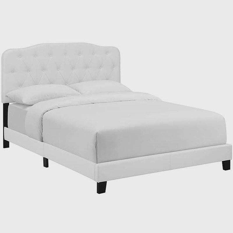 Full Size White Faux Leather Platform Bed with Button-Tufted Headboard